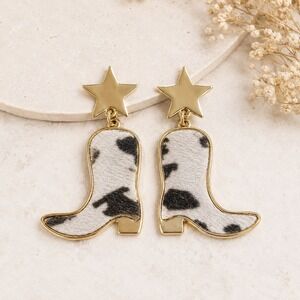 Cow Print Cowboy Boot Earrings | Western Rodeo Star Dangle Earrings